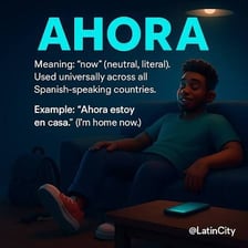 An educational Spanish-language illustration showing the word ahora and its English meaning
