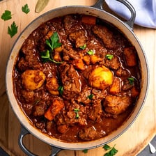 A bowl of hearty beef stew with meat and vegetables