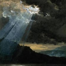 A dark, gloomy landscape under heavy clouds