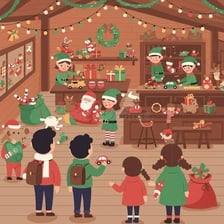Illustration of elves working in Santa’s workshop