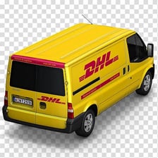 A DHL delivery van with yellow and red branding.
