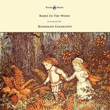 An old-fashioned illustration of two children walking through a wooded setting.