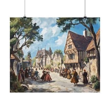 An illustration depicting a village in an old historical era.