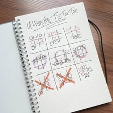 A tic-tac-toe grid with Xs and Os is drawn on paper.