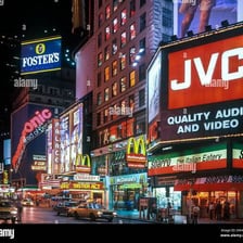 Bright neon signs illuminating Times Square in New York