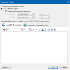 An email interface showing an out-of-office reply