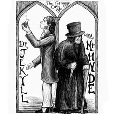 An illustration depicting the contrasting characters Dr. Jekyll and Mr. Hyde.