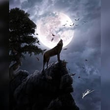A wolf howling toward a full moon