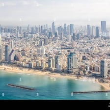 The Tel Aviv skyline along the Mediterranean coast.