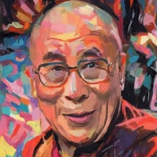 A portrait of the Dalai Lama.