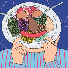 An illustration of a person who has indulged excessively at a large meal.