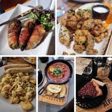 Skiers relaxing with food and drinks in an après-ski lodge