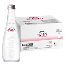 A bottle of Evian mineral water.