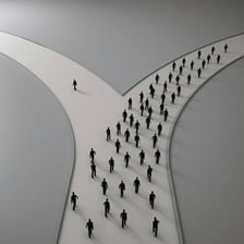 One person walks apart from a group of people.