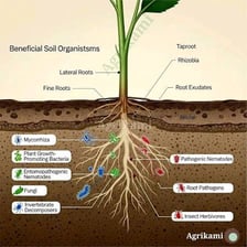 Plant roots extending through soil and anchoring the plant