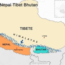 Map showing Bhutan south of Tibet.