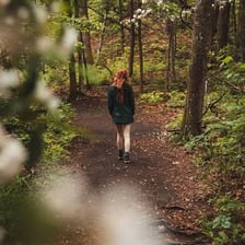 A person leaving a marked trail and walking toward the woods