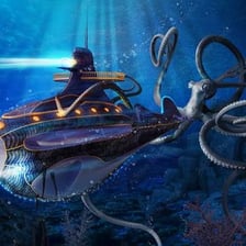 An illustration of Captain Nemo aboard the Nautilus