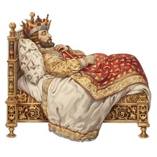 An illustration of a king wearing elaborate sleepwear.
