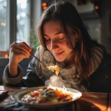 A person reacting happily while tasting delicious food.
