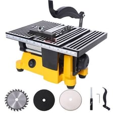 A table saw mounted on a four-legged stand