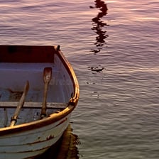 Wooden oars resting in a rowboat on the water