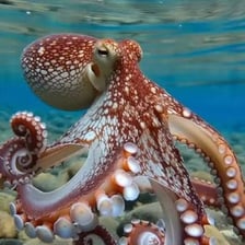 An octopus displaying its eight arms underwater.