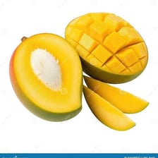 A sliced mango with its large central pit visible