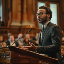 A speaker delivering a lengthy formal address from a podium.