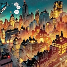Batman overlooking a stylized Gotham City skyline.