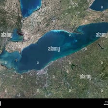 An aerial view of Lake Erie and its shoreline