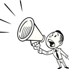 A person calling out with an expressive open-mouthed exclamation