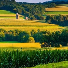 Farmland extending across a rural countryside landscape