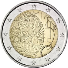 Euro banknotes and coins beside a Finnish context.