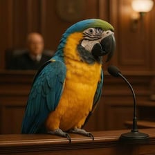 A parrot depicted as evidence in a playful courtroom illustration