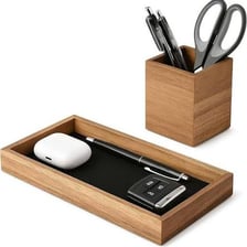 A coordinated set of office accessories on a desk.