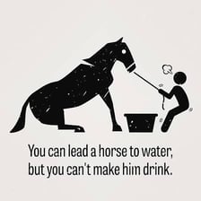 An illustration of a person leading a horse toward water.