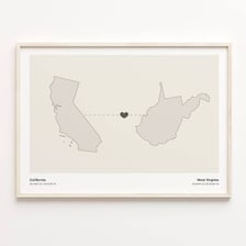 A map showing West Virginia and California.