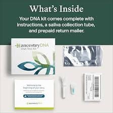 A home DNA ancestry test kit with a saliva tube