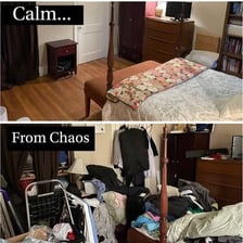 A room shown neatly organized after being tidied.