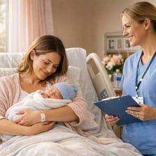 A mother holding a newborn baby.