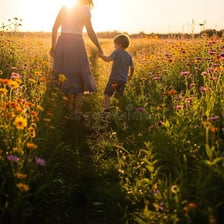 A mother walking with a child through a meadow.