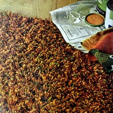 A deep-pile shag carpet with long, thick fibers.