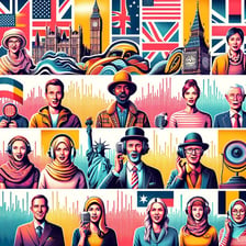 An educational illustration representing different spoken English accents