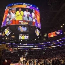 Los Angeles Sparks players on a basketball court