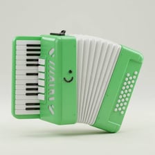 A piano accordion showing its keyboard and bellows