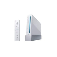 A white Nintendo Wii video game console with its controller.