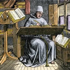 An ancient scribe writing or copying a manuscript by hand.