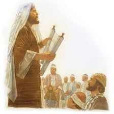 Artwork depicting Ezra as a biblical scribe