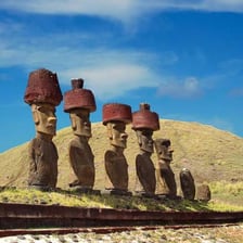 Rows of monumental stone Moai statues on Rapa Nui